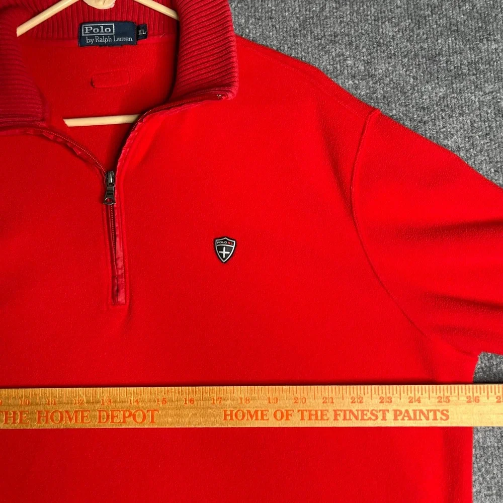 Polo Ralph Lauren Mens XL Red Fleece Quarter Zip Pullover Elbow Patches Logo VTG